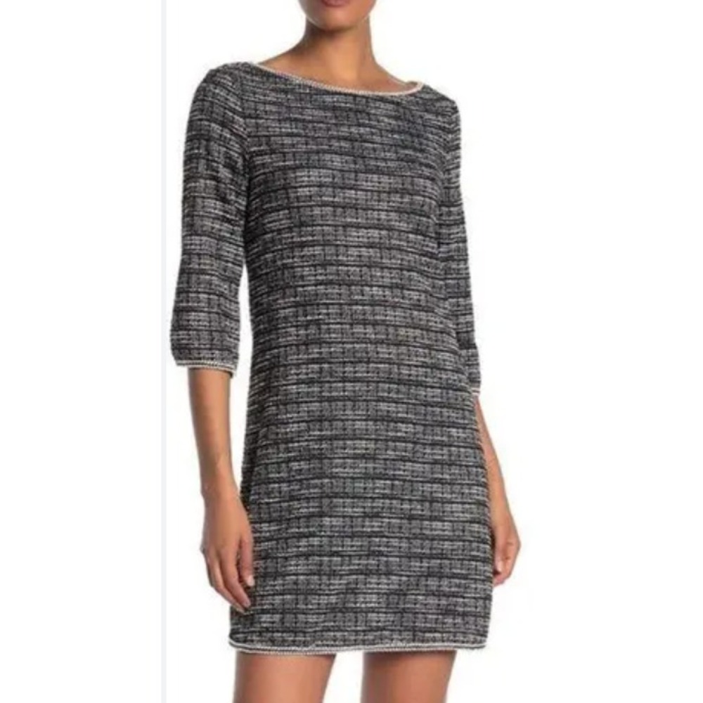 Max Studio Black White Tweed Knit Sheath Dress‎ Midi Large Stretch Quiet Wealth